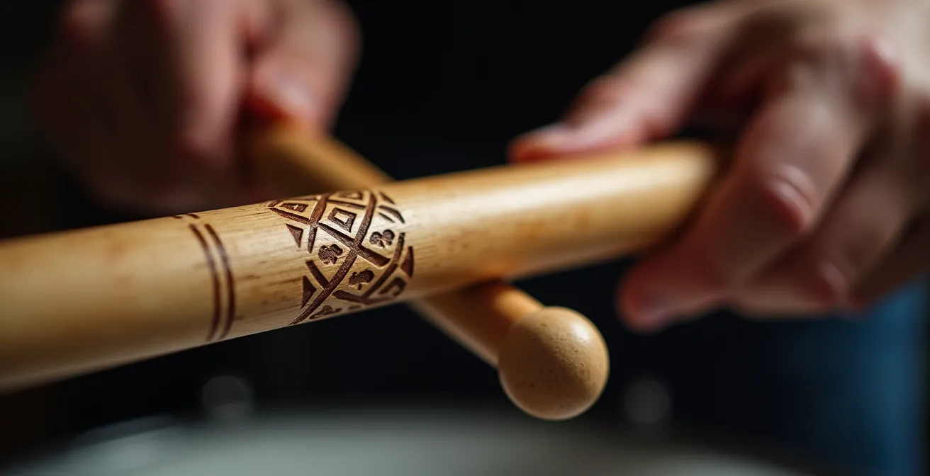 Vue macro sur les mains d'un batteur tenant des baguettes en bois naturel avec texture visible