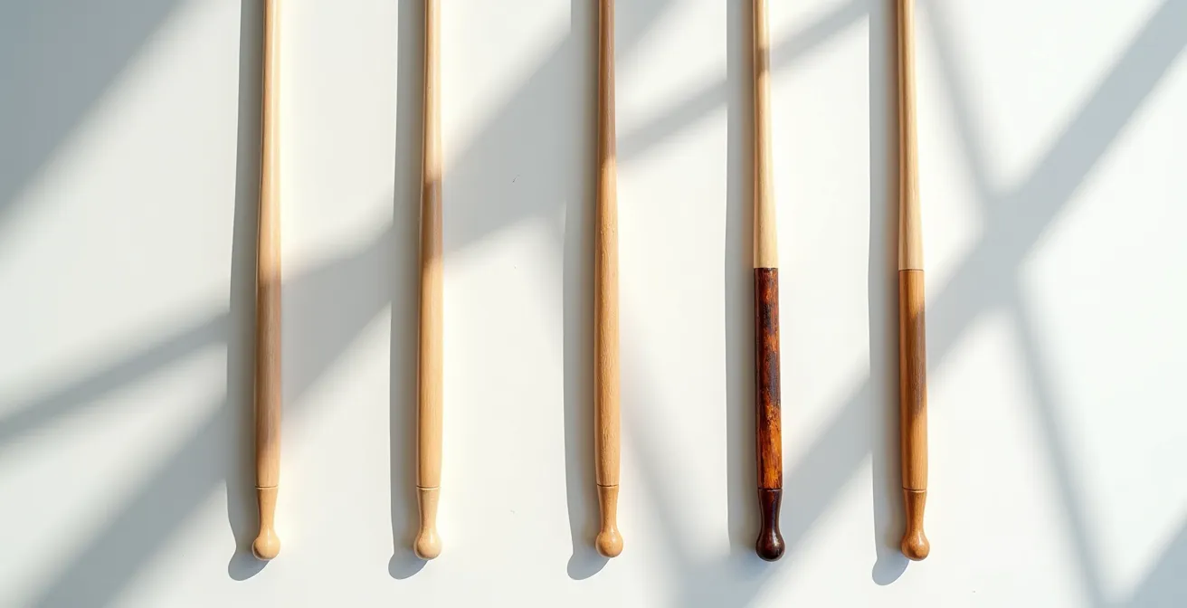 Collection de baguettes de batterie usées disposées en rangée montrant différents degrés d'usure